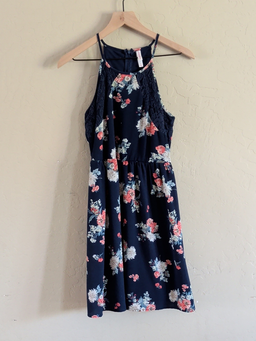 Xhilaration Navy Floral Halter Dress with Coral Accents